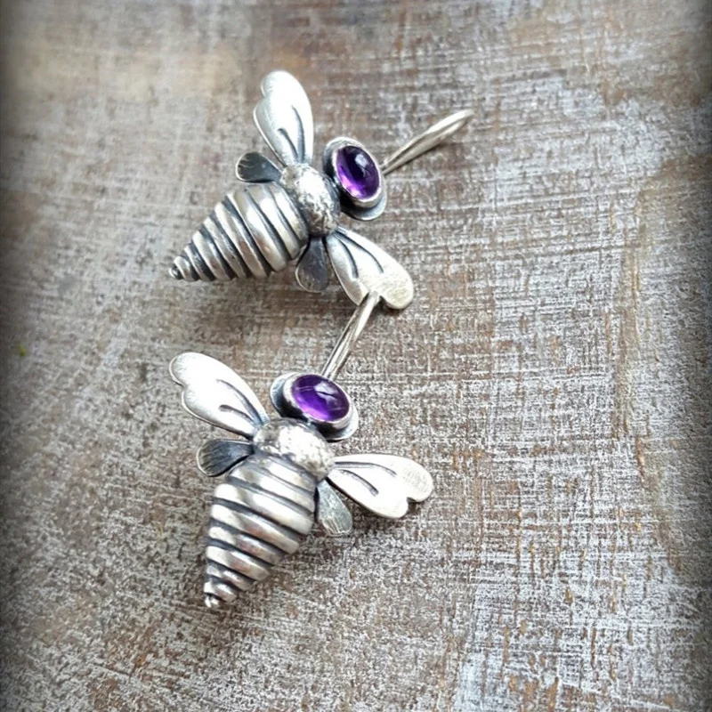 

Vintage Metal Hand Carved Bee Earrings Inlaid Purple Glass Women's Hook Drop Earrings