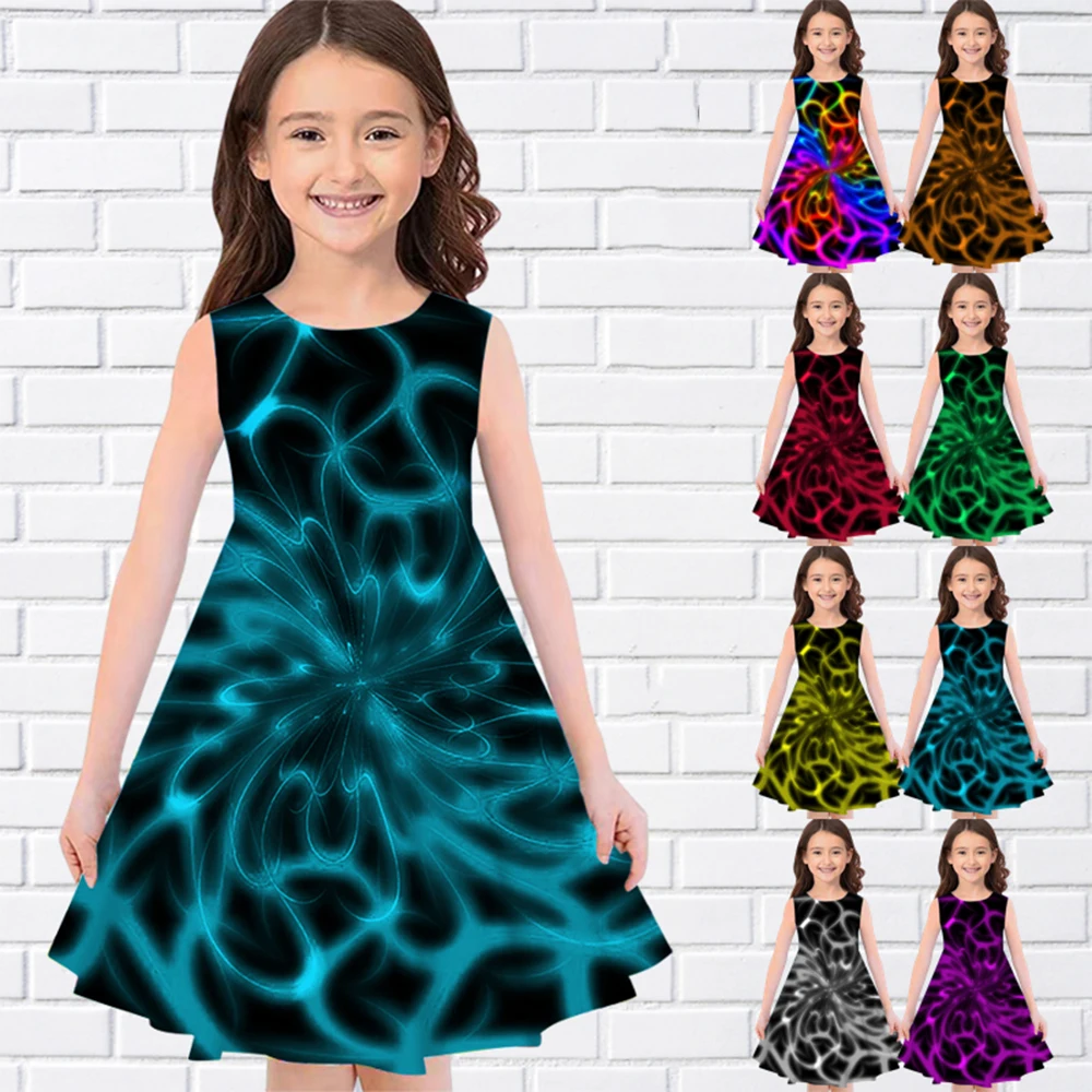 

Water Ripple Pattern Print Summer Sleeveless Girl Dress Casual O-Neck Long Dresses Fashion Girls Dresses For Eid Kids Clothing