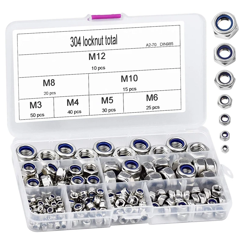 

190 Pcs Hex Lock Nut Nylon Insert Nuts Set Size M3 M4 M5 M6 M8 M10 M12 Stainless Steel Nylon-Insert Hex Nut