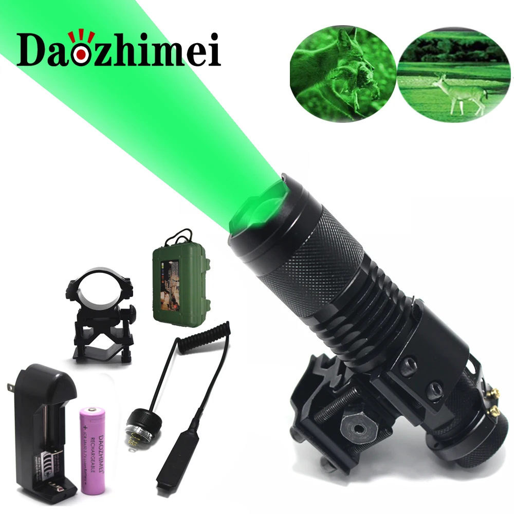 18650 Hunting Zoom LED Flashlight Green/Red Light 300 Meters Lighting Distance Tactical Lantern+Remote Pressure Switch+ Gun Moun