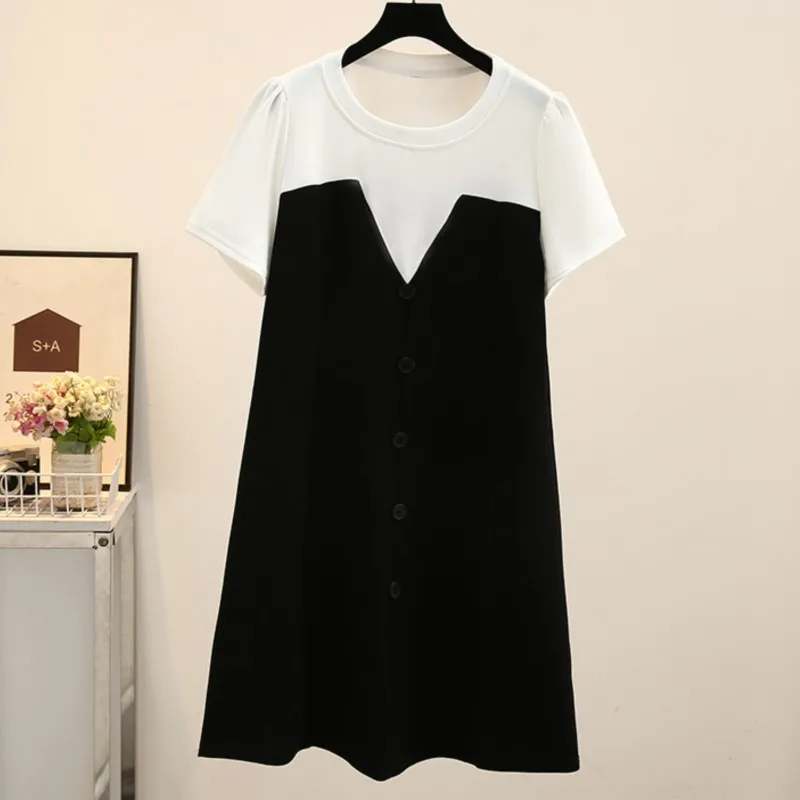 

Plus Size Women Dresses Oversized Curve Clothes Black White Splice Puff Sleeve One-Piece Summer 2023