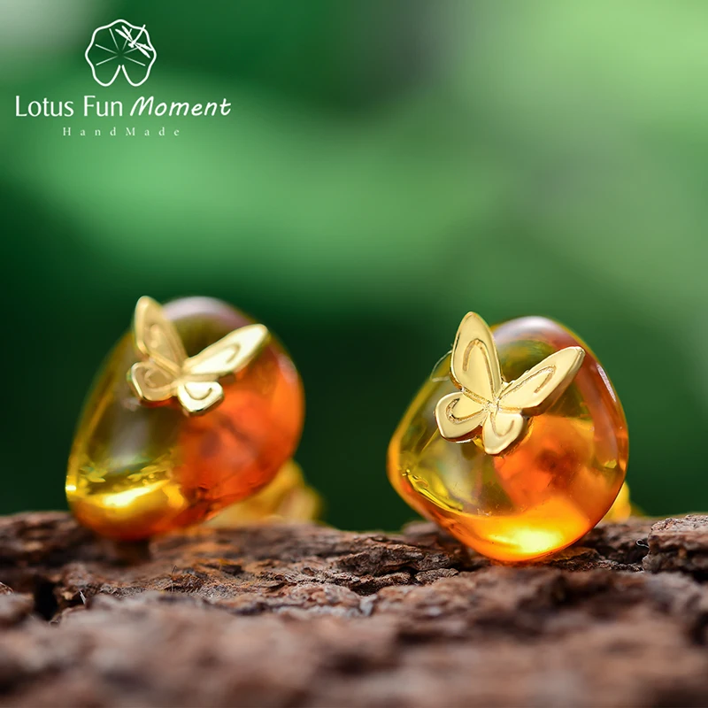 

Lotus Fun Moment Real 925 Sterling Silver Natural Amber Stone Fine Jewelry Looking Back Butterfly Stud Earrings for Women