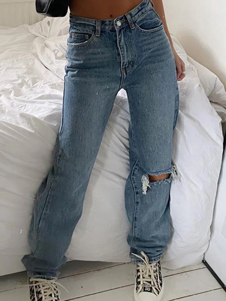 Hip-hop solid color ripped long hole jeans denim long hole ruins casual brand ladies jeans trousers ladies