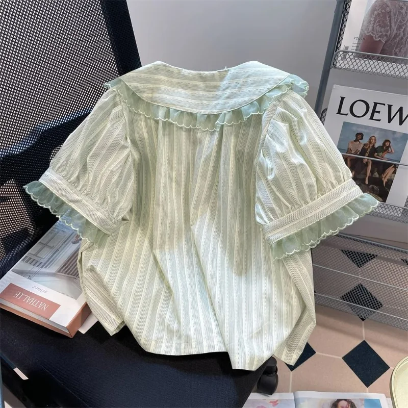 Полосатые женские блузки Kawaii милые кружевные зеленые топы с воротником Питер Пэн