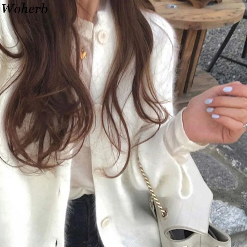 Нежные вязаные топы Woherb трикотажная Милая офисная уличная одежда кардиган осень