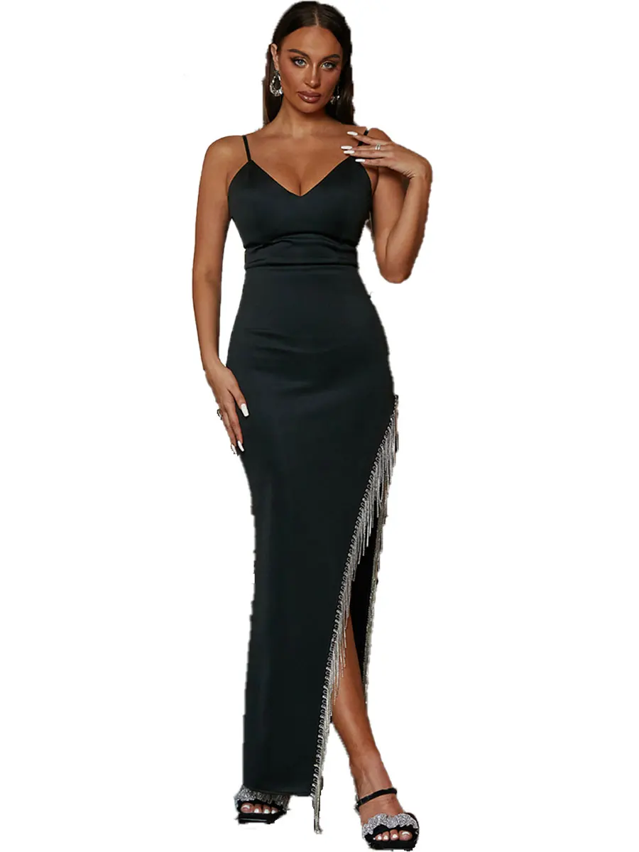

Missord 2023 Sexy Black Cocktail Party Dresses Women Spaghetti Strap V Neck Tassels Thigh Split Evening Prom Dress Long Gown