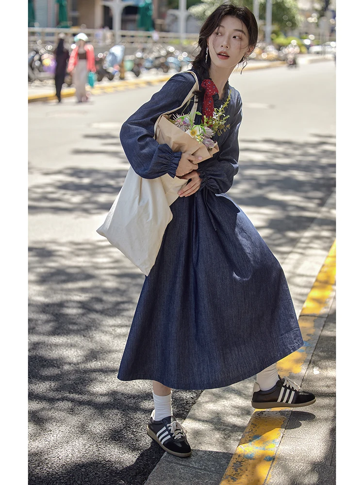 Элегантная джинсовая юбка с деревянными ушками платье длинными рукавами женское