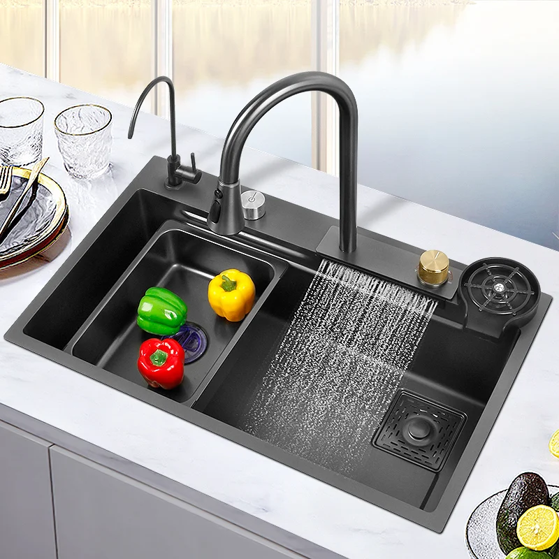 

Waterfall Kitchen Sink 304 Stainless Steel Nano Black Multifuctional Large Sink Above Counter Apron Front Wall sign