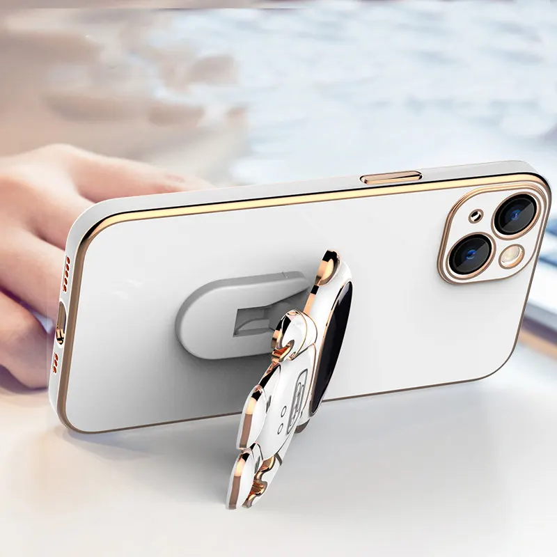 Astronaut Fold Stand Holder Phone Case for IPhone 14 11 12 13 Pro Max Mini XS XR X 7 8 Plus SE 2020 Luxury Plating Soft Cover