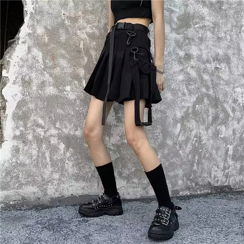 Sexy Ribbons Mini Skirt Female Streetwear Black Skirt Harajuku Punk Gothic Black High Waist Black Skirts Women