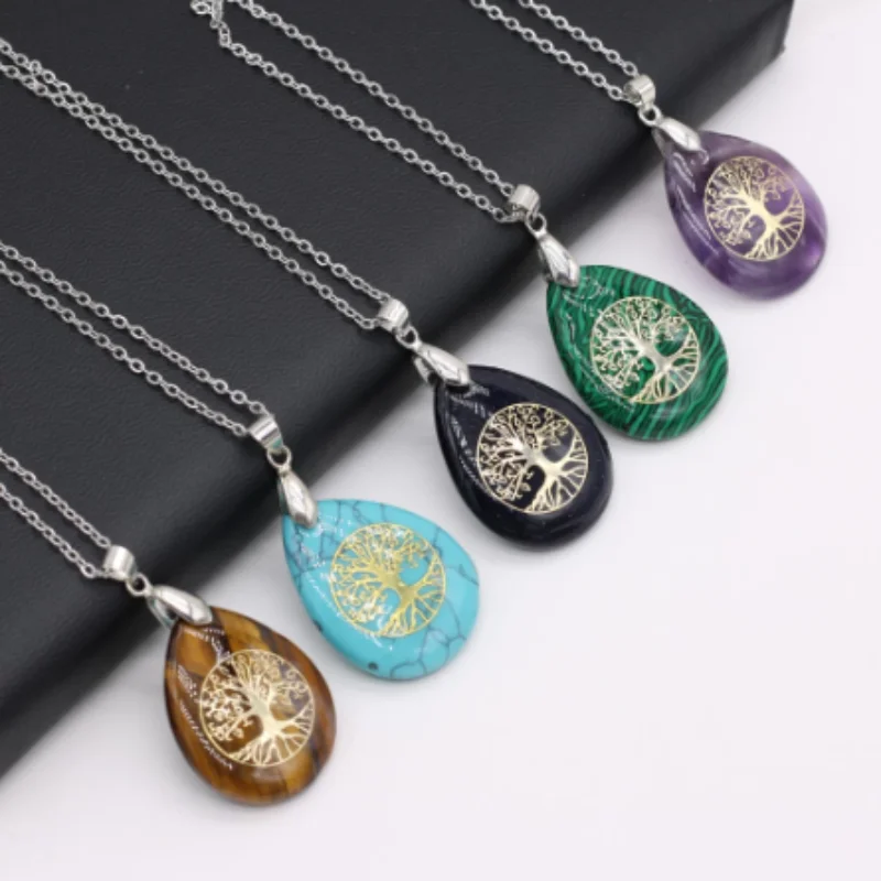 

Natural Semi-precious Stone Teardrop Pendant Necklace 40+5cm Tree of Life Tiger Eye Stone Alloy Fashion Pendant Jewelry Gift