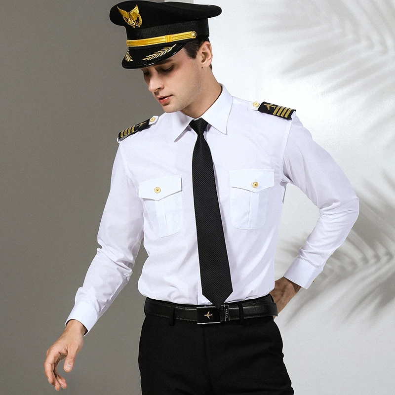 

Fashion Pilot shirt, men's shirt, handsome shoulder band, Korean version, personality trend, captain uniform, long sleeve