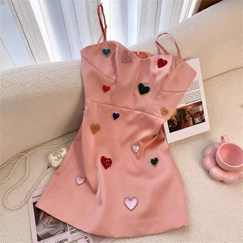 

Женское мини-платье без рукавов, розовое облегающее платье-трапеция на бретелях-спагетти с принтом в виде сердечек, модель Y2k на лето, 2022