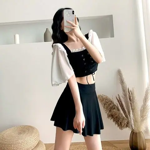 2023 New Korean One Piece Swimwear Women Swimming Female Bathing Suit Beachwear Solid Black Swimsuit Summer Swimskirt