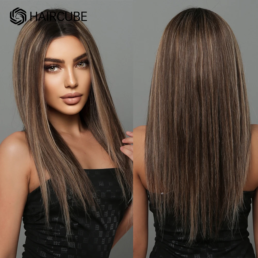 HAIRCUBE Brown Highlights Lace Front Wigs Human Hair Middle Parting Long Straight Human Hair Wigs for Women 13x1 Lace Wigs