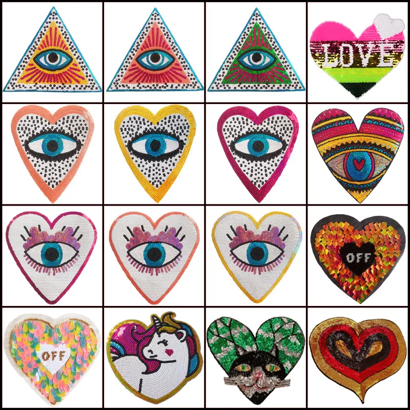 

Sequined Eyes Embroidery Patch Clorhing Cartoon Love Heart Iron On Cloth Stickers Diy Embroidered Application Cloth Fabric Pacth