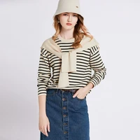 navy collar sweater women striped shawl fake two piece sweater spring autumn loose long sleeved tie up blouse preppy style tees