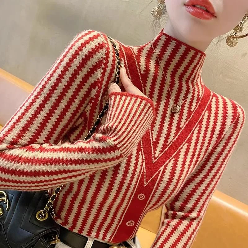 

Осенне-зимние свитера в полоску, женский зеленый свитер с воротником «хомут», пуловер, Модный повседневный облегающий вязаный джемпер, топы для женщин