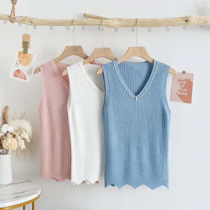 

YEMOGGY Pearl Ice Silk Knitted Strap Tank Tops for Women with Fashion and Elegant V-neck Sleeveless Bottoming Tops Vest 2023