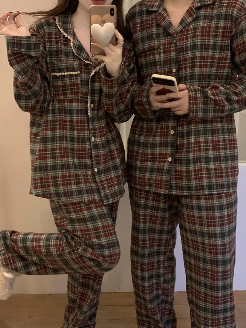 

New Lovers Christmas Lattice Stripe Loose Autumn Winter Long Sleeve Pajama Set Women Casual Couple Plaid Sleepwear Korean Ins