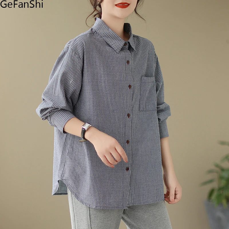 

New Autumn Spring Autumn Striped Turn-down Collar Brief Blouse Shirt Button Elegant Office Ladies Women Casual Loose Tops Blusas