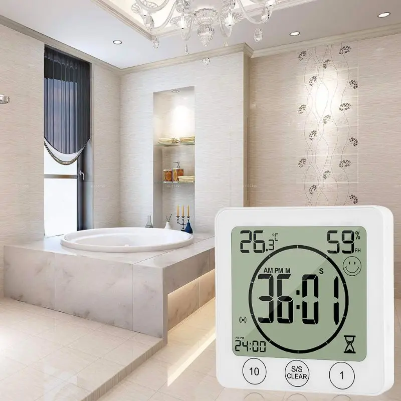 

LCD Bathroom Wall Clock Temperature Humidity Countdown Waterproof Shower Timer