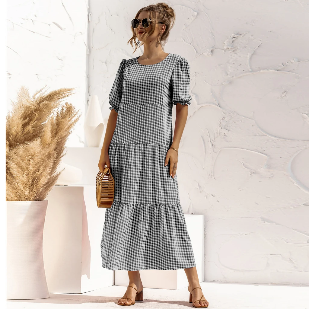 

Summer Women's Explosive Puff Sleeve Dress Casual Loose Polka Dot Plaid Solid Color Skirt Daily Bohemian Resort Style Long Skirt