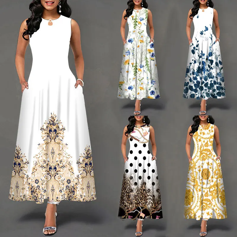 

V-Neck Print Sleeveless Dress Casual Beach Dress Swing Dress