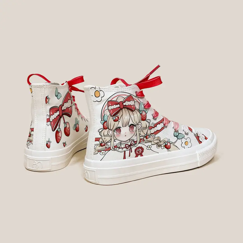 Cartoon Strawberry Girl Canvas Sneakers Women's Laced Up High Tops School Student Vulcanized Shoes Woman Printed Sneaker Tenis