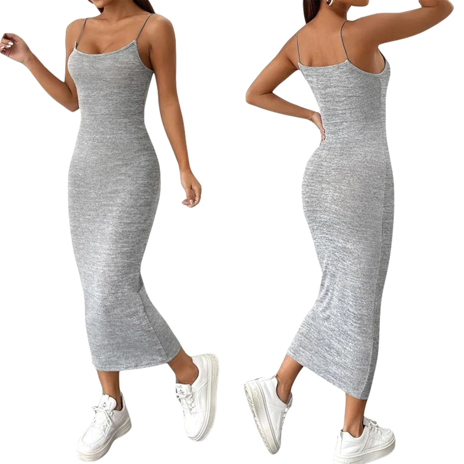 

Women Summer Long Skinny Dress Gray Sleeveless Backless Spaghetti Strap Dresses