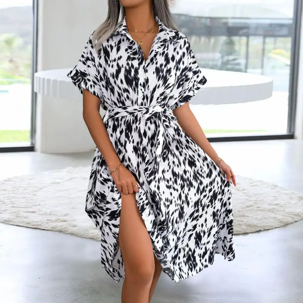 

Women Summer Midi Dress Leopard Print Tied High Waist Short Sleeves Lapel Loose Hem Half Single-breasted Mid-calf Length