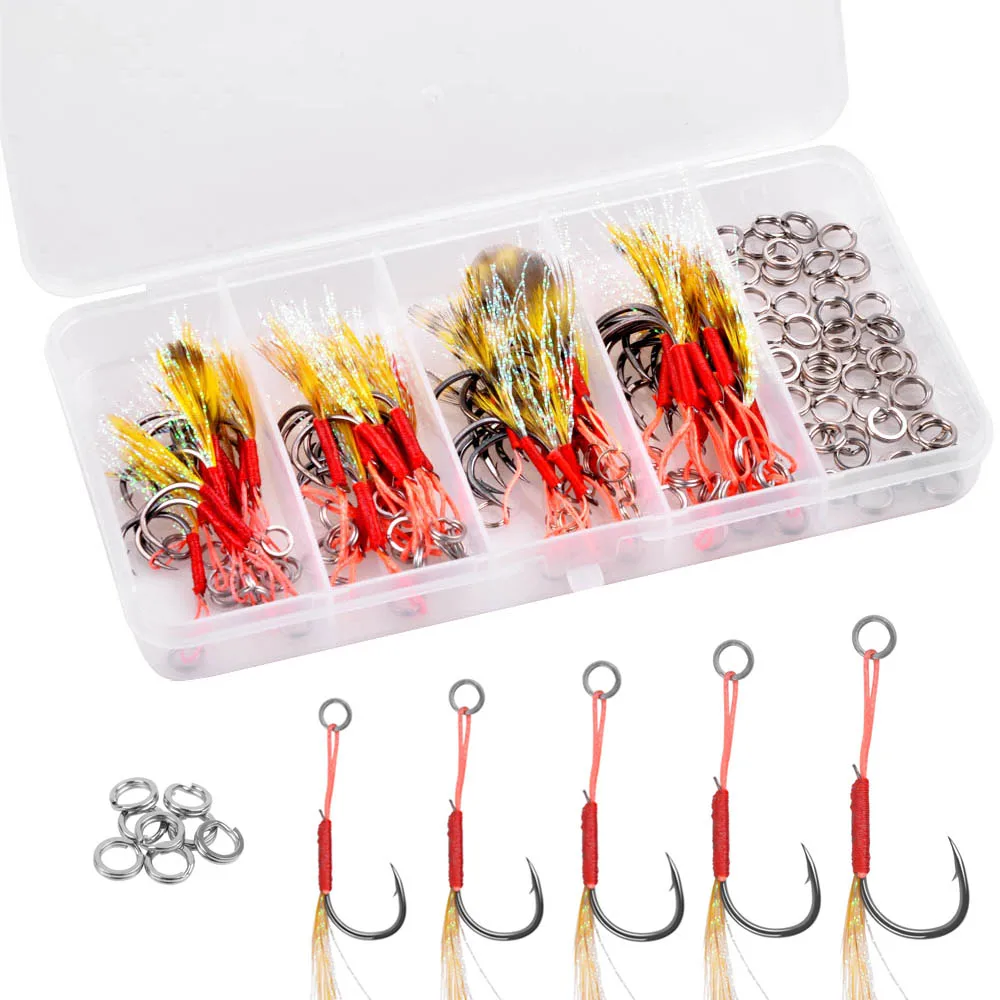 

90Pcs Metal Jig assist hooks saltwater for jigging slow casting jigs Bait Fishing Hooks With Split rings Fly Tying Up Fishhook
