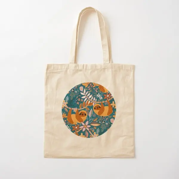 

Happy Boho Sloth Floral Cotton Canvas Bag Designer Printed Fashion Tote Foldable Shopper Casual Unisex Grocery Ladies Fabric
