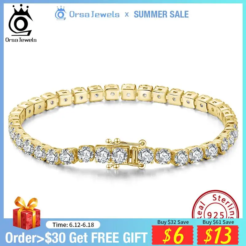 

ORSA JEWELS Authentic 925 Sterling Silver Tennis Bracelet Zirconia 14K Gold Plated Bangle Jewelry Men Women Hand Chain SB95-14K