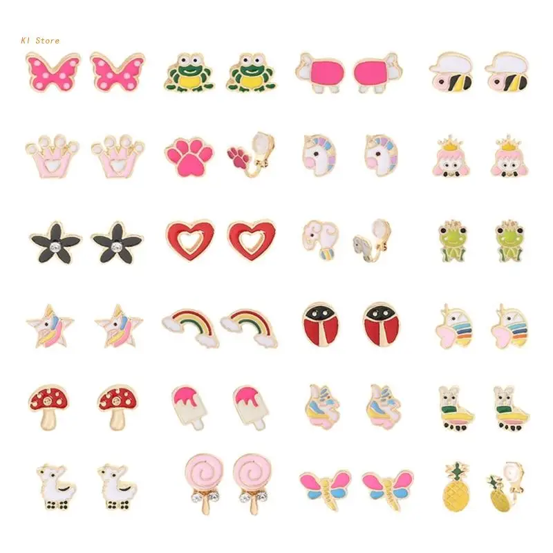 

24 Pairs Cute Animals Heart Flowers Mushroom Earrings Clip-on Earrings Set Mixed Color Painless Non-perforated Earrings