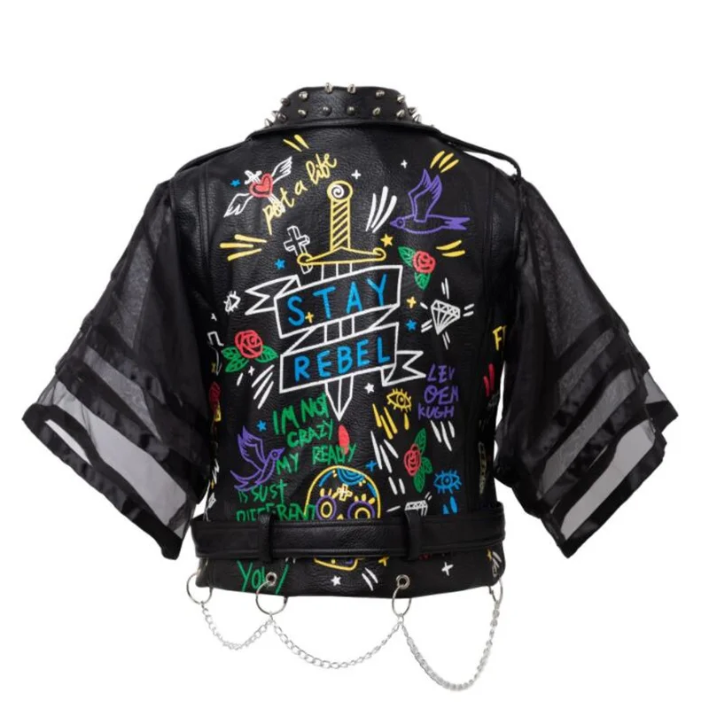 Fashion leather jackets women's personality plus size summer motorcycle yarn woven mid-sleeve slim short coats black fashion