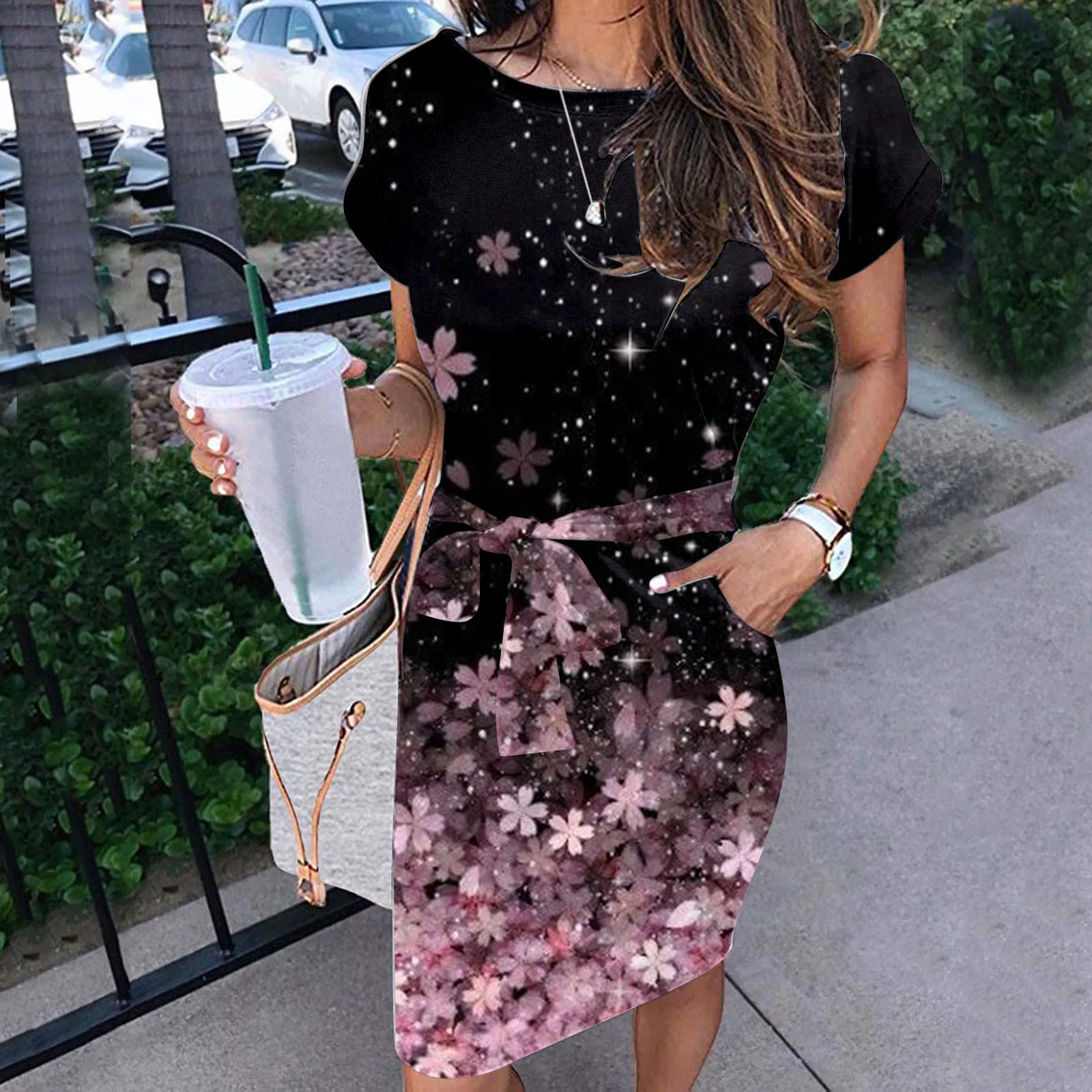 2023 spring/summer European American fashion new temperament commuting geometric print short sleeve casual elegant women's dress