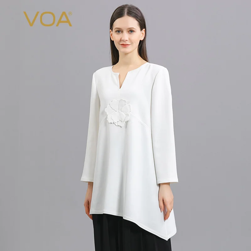 

VOA 60m/m Heavyweight Mulberry Silk White Woman Tshirts V-neck Embroidery Literary Wild Long-sleeved Thick T-shirt Women BE963