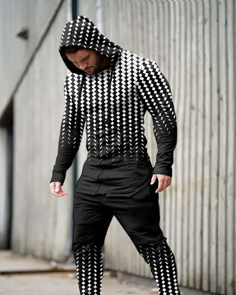 Men's Hooded Pullover Sweatpants Long-sleeved Trousers Two-piece Set Casual Plaid Sweatshirt Fashion Tracksuit  Jogging Suit