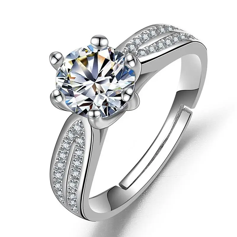 

European and American fashion star queen six prongs 1 carat ring female simulation diamond wedding ring plated 18K white gold ve