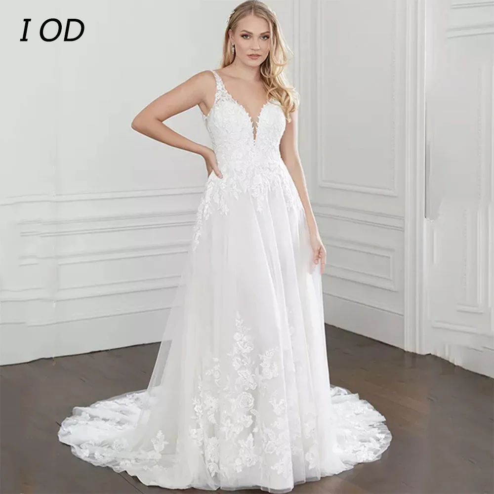 

I OD Elegant Spaghetti Straps A-Line Wedding Dress V-Neck Lace Appliques Backless Bridal Gown Floor Length Vestidos De Novia New