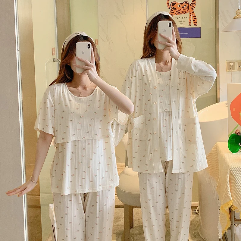 

3PCs Set 65% Cotton Floral Maternity Nursing Sleepwear Feeding Pajamas Suit Clothes for Pregnant Women Pregnancy Home Lounge