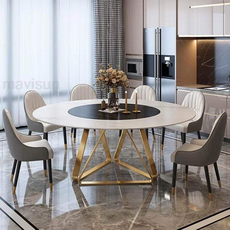 Легкий роскошный золотой обеденный стол круглый поворотный 1 2/1 5 м набор