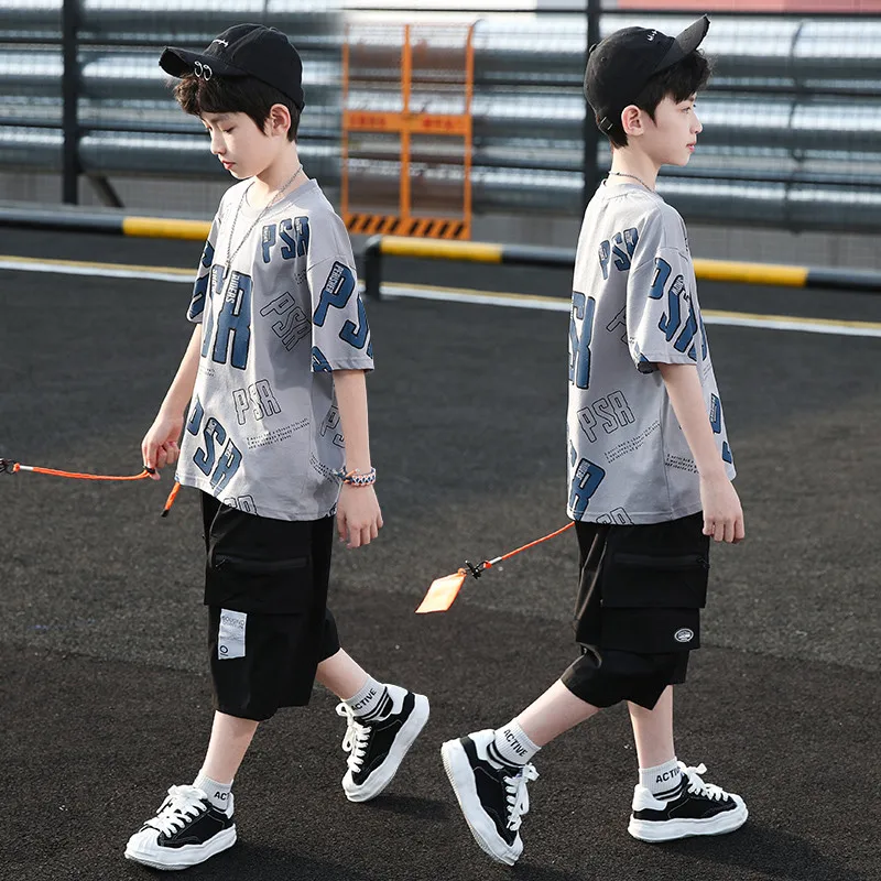 Summer Beach Boy Clothes Set 2pcs Casual Outfit Kids Cargo Pants+ Letter Print Pullover T-shirt Top Children Tracksuit Teen Suit