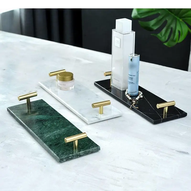

Natural Marble Trays Decorative Golden Handle Bathroom Shelf Dressing Table Cosmetics Jewelry Organizer Tray Home Decoration