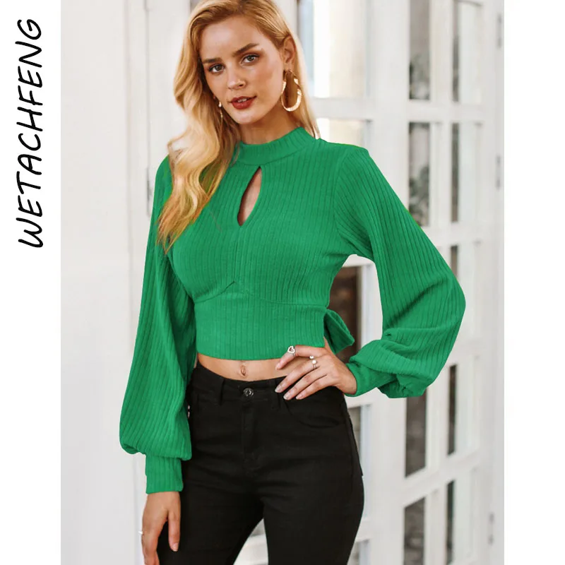 

Sexy Backless Lace Up Long Lantern Sleeve Knitted Autumn Hollow Out Green Elegant Bloues Women Fashion 2022 Office Lady Shirts