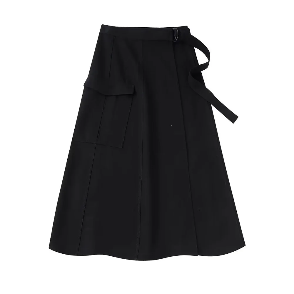 

PB&ZA Skirt Woman Autumn Elegant Chic Solid Long Midi Skirt Safari Style High Waist Pockets Black A-line Female Clothing7563264