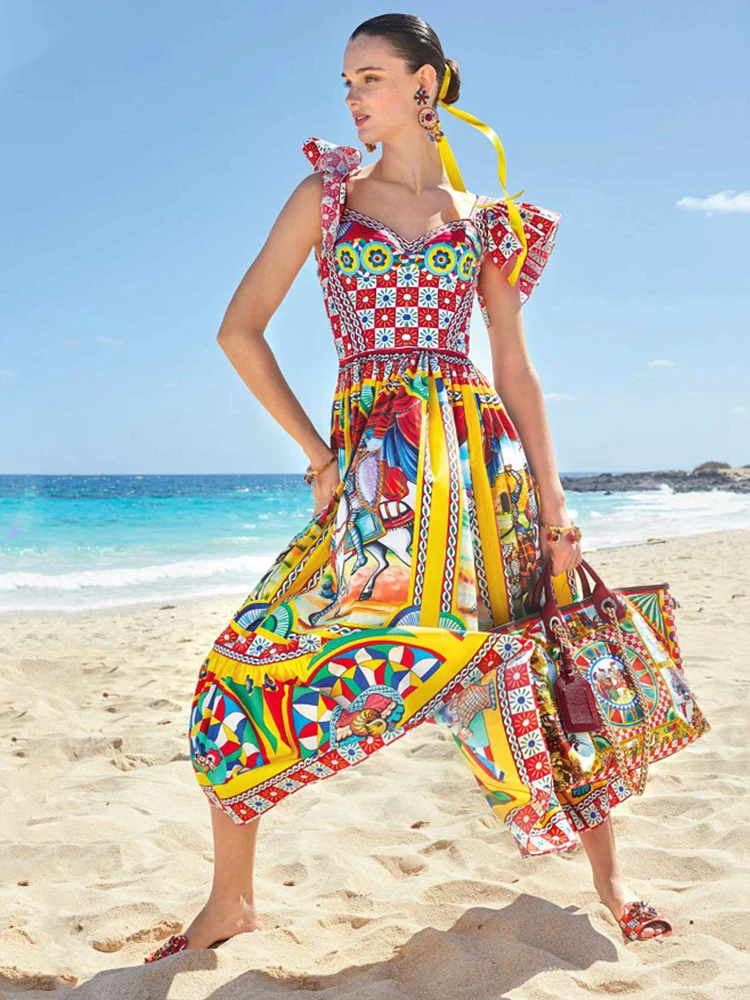 

Designer Retro Geometric Print Ruffle Sleeves High Waist Tube Top Dress Ladies Summer New Fashion Loose Swing Puff Skirt