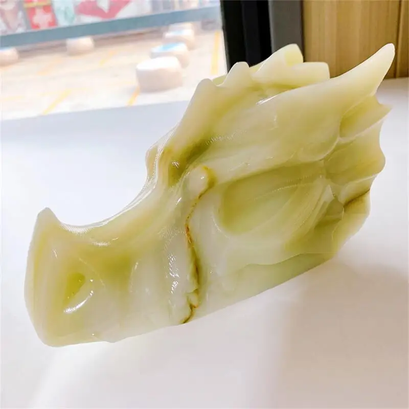 

24cm Natural Jade Dragon Skull Crystal Animal Carved Healing Energy Stone Crafts Home Decoration 1PCS