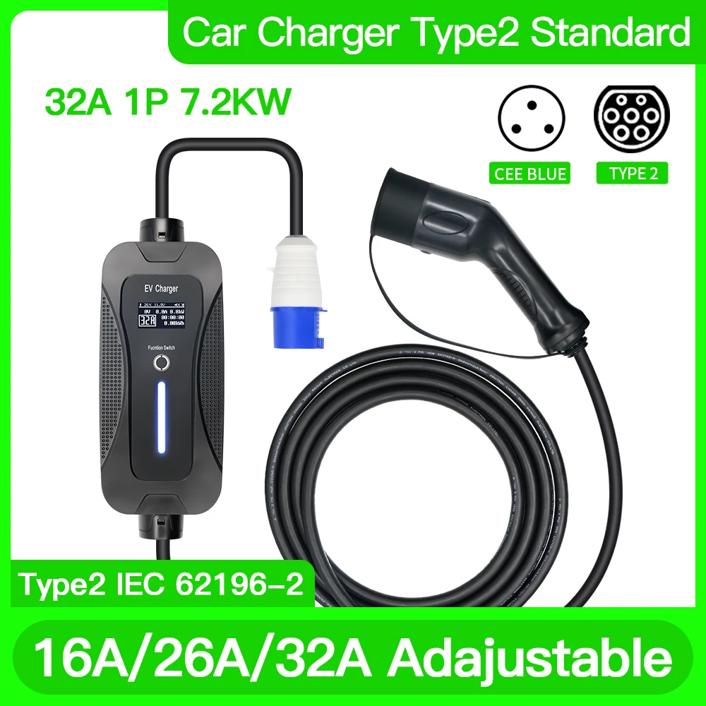 

Adjustable EV Charger Level 2 Evse Wallbox Type 2 IEC 62196-2 7.2KW 16A 26A 32A 1 P 5 M CEE BLUE PLUG for Electric Vehicle Cars